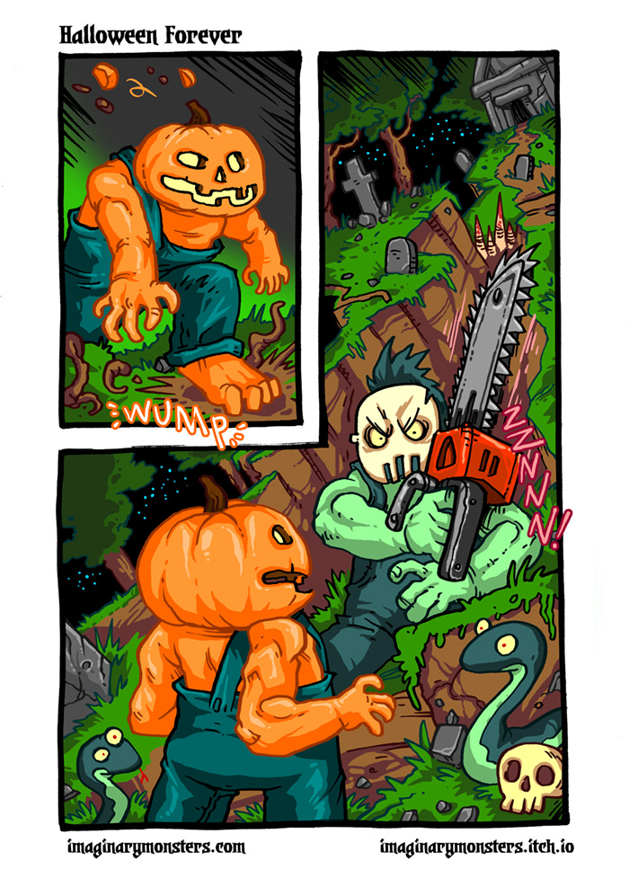 Pumpkin Man arises and confronts a Chainsaw Maniac!
