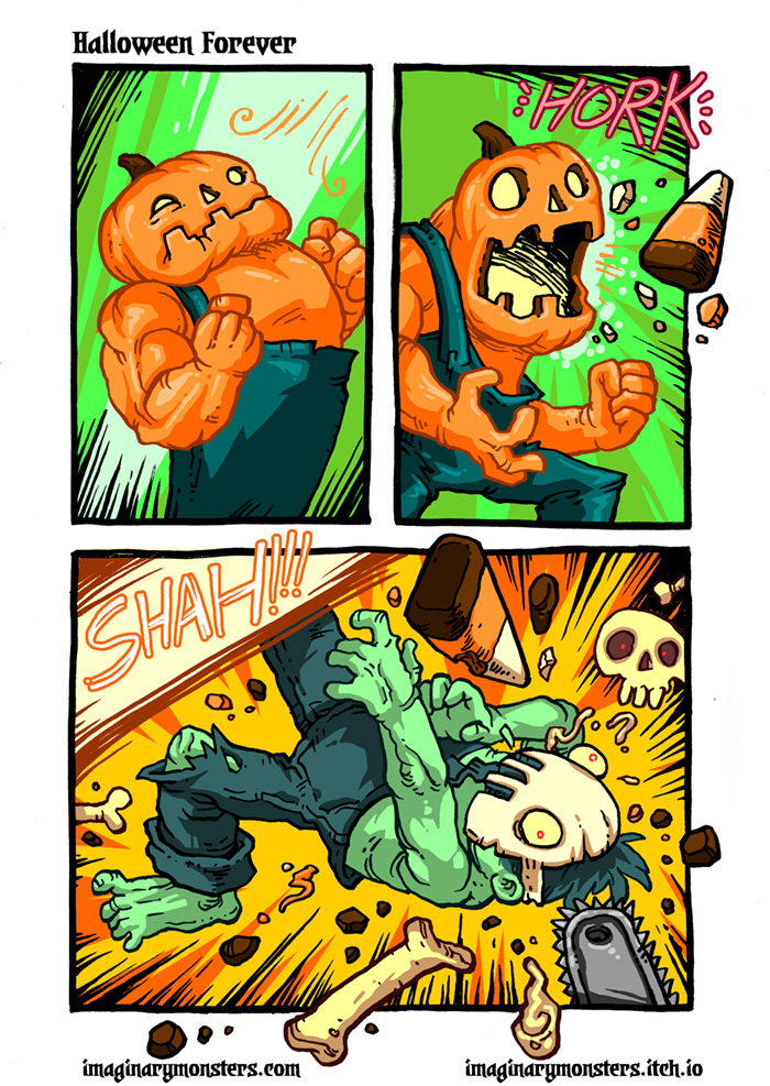 Halloween Forever page 6. Pumpkin Man, Candy Corn Attack!