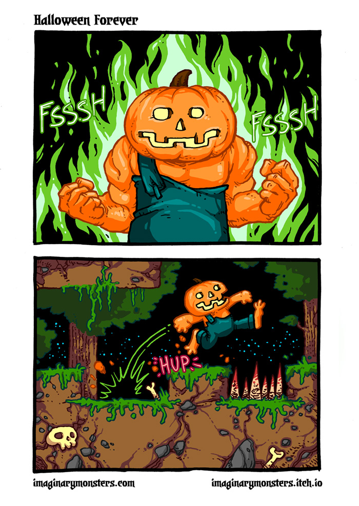 Halloween Forever page 7. Go, Pumpkin Man, go!